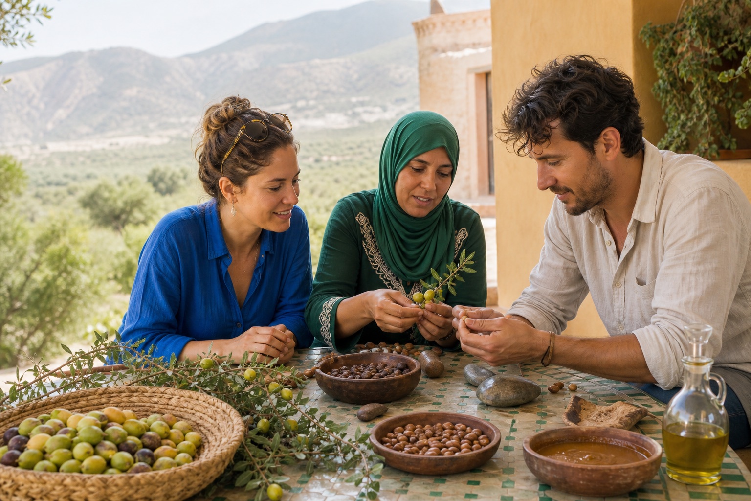 A Moroccan argan specialist teaching visitors how to identify fruit and kernels near Agadir
