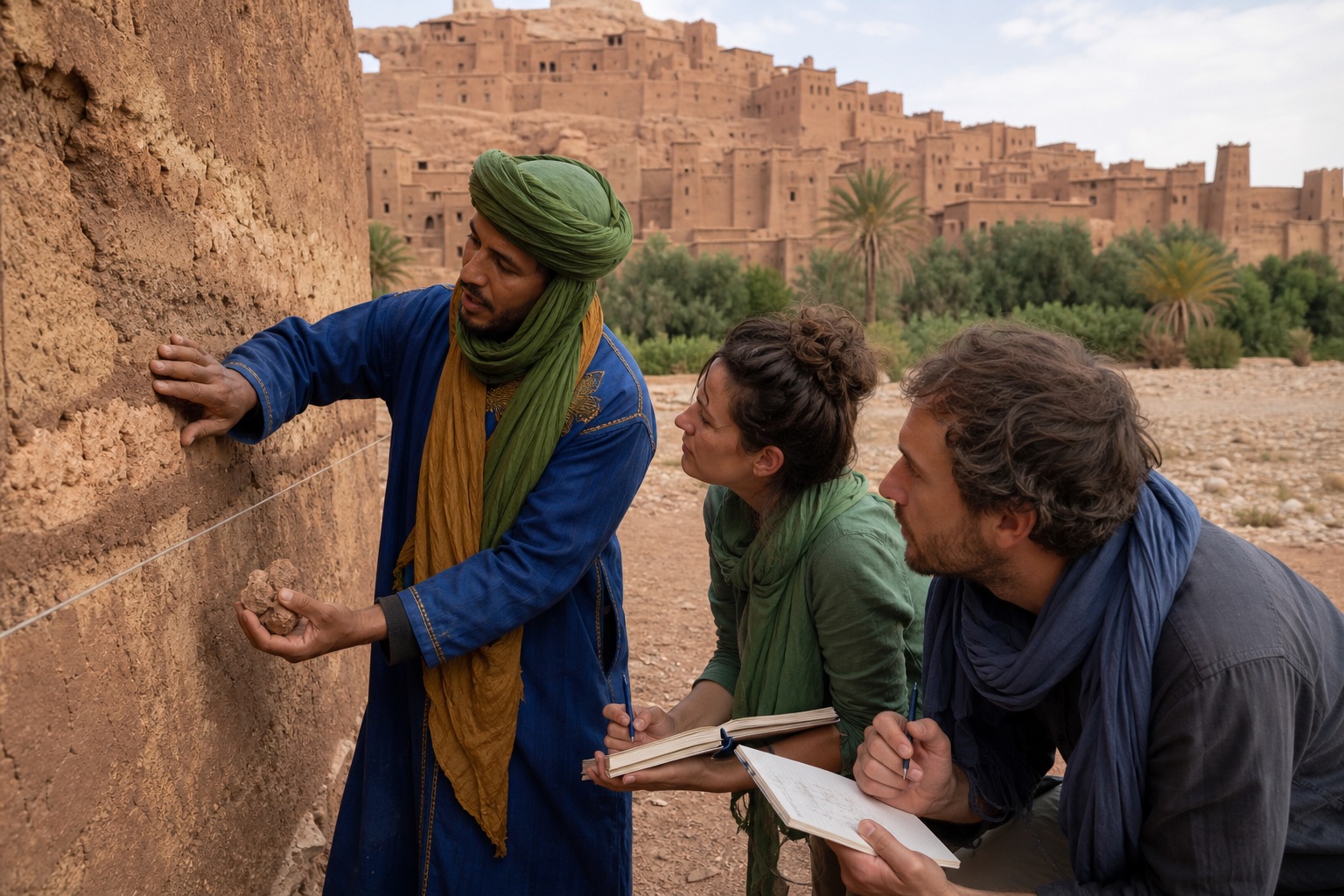 A Moroccan guide teaching visitors how to read earthen architecture at Aït Benhaddou