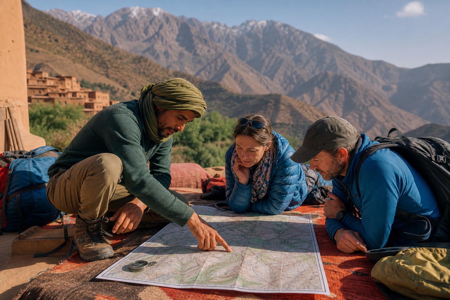 A Moroccan mountain guide teaching map and route decisions in the Atlas Mountains