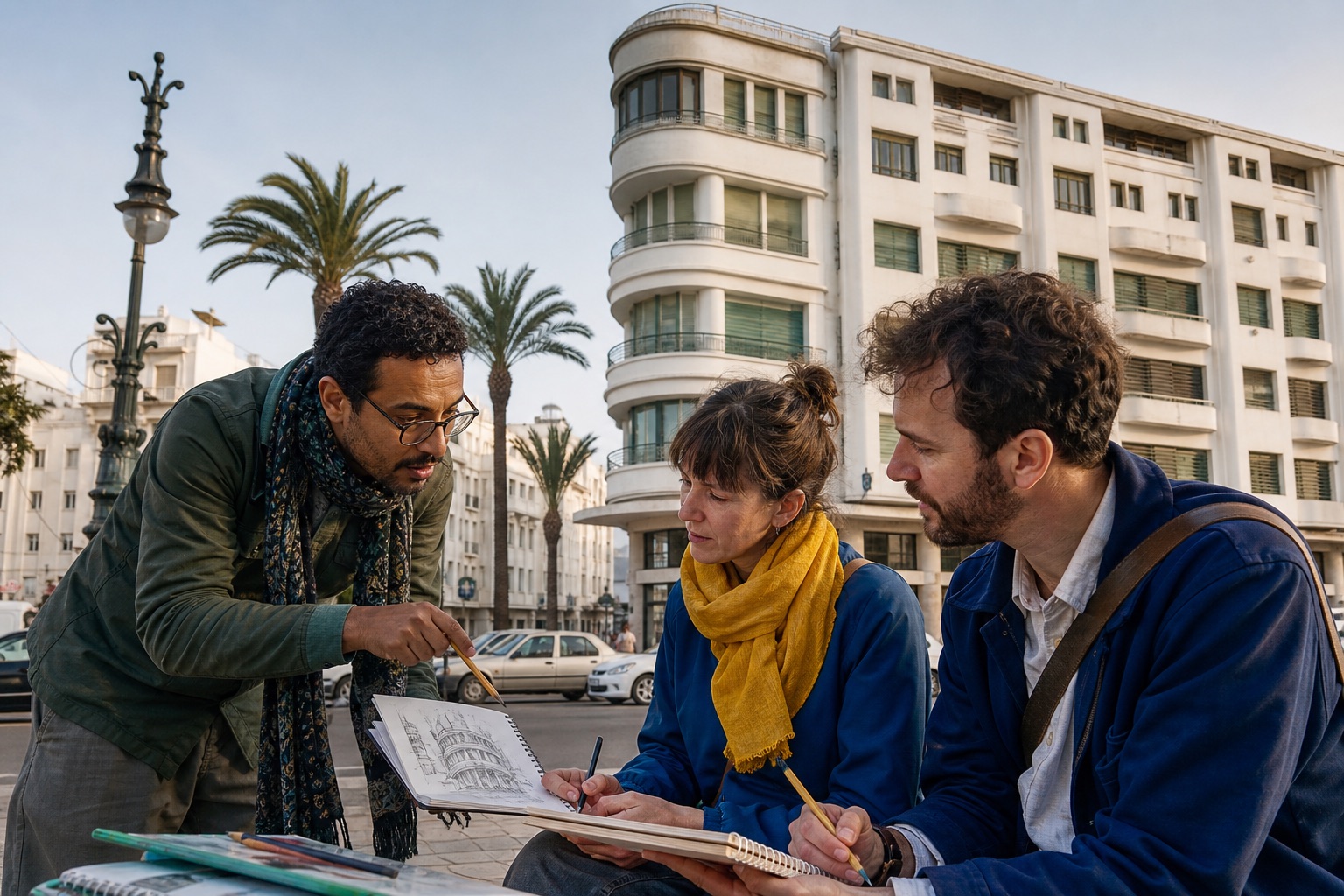 A Moroccan architect leading a street-sketching lesson in Casablanca