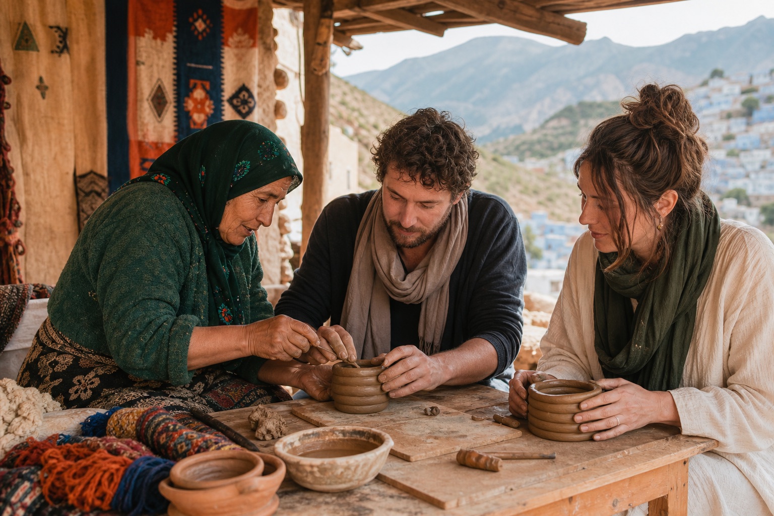 A Rif craftswoman teaching visitors to shape hand-coiled clay near Chefchaouen