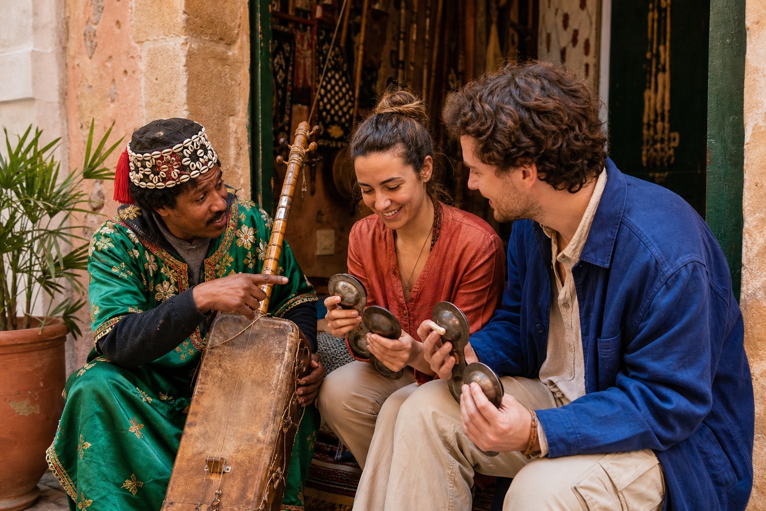 A Moroccan Gnawa musician guiding visitors through a first rhythm in Essaouira