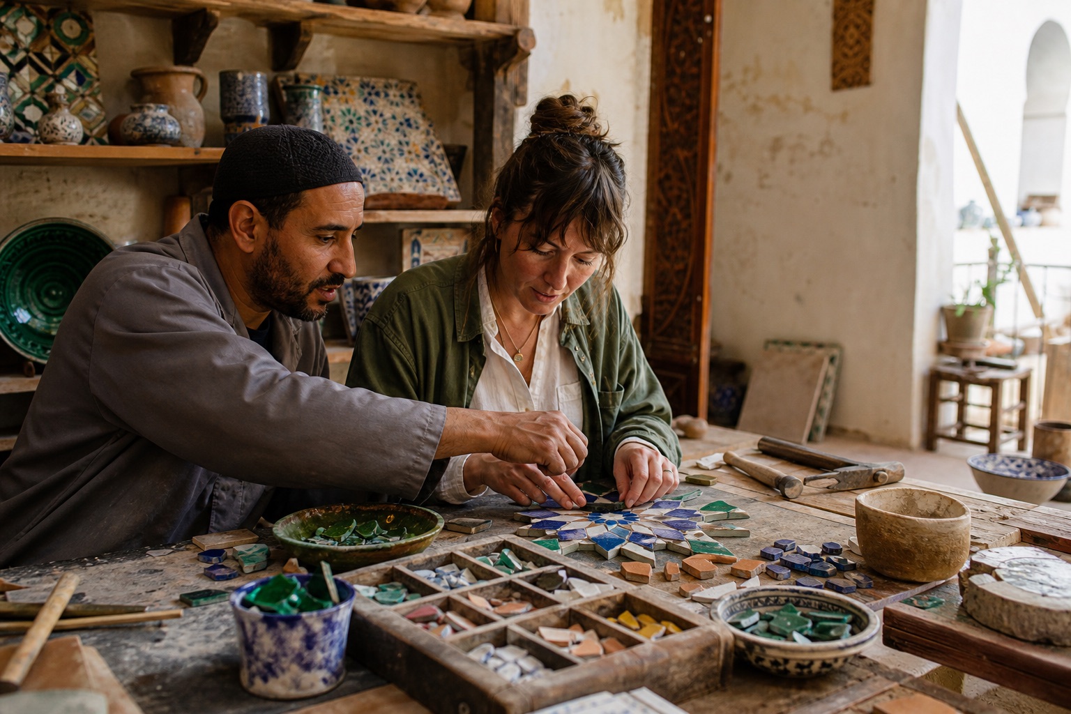 A Moroccan artisan guiding visitors through zellige pattern assembly in Fes