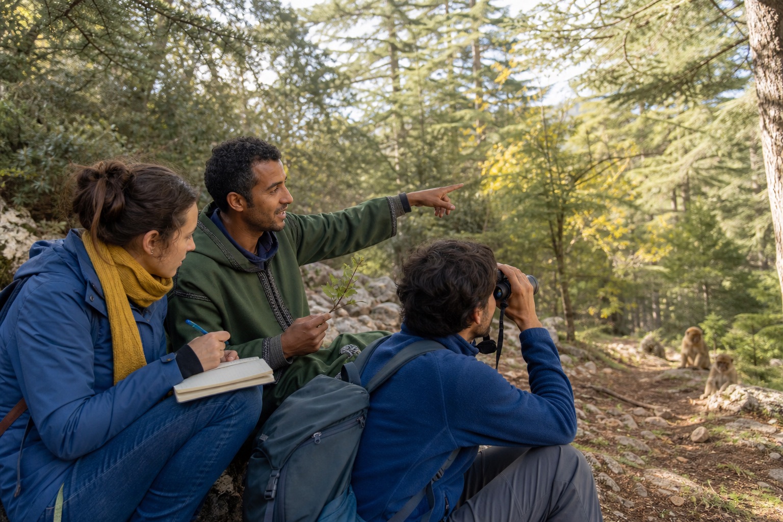 A Moroccan ecology guide teaching responsible forest observation near Ifrane