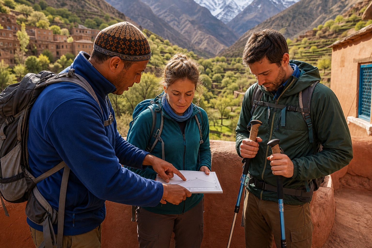 A Moroccan mountain guide teaching route preparation in Imlil