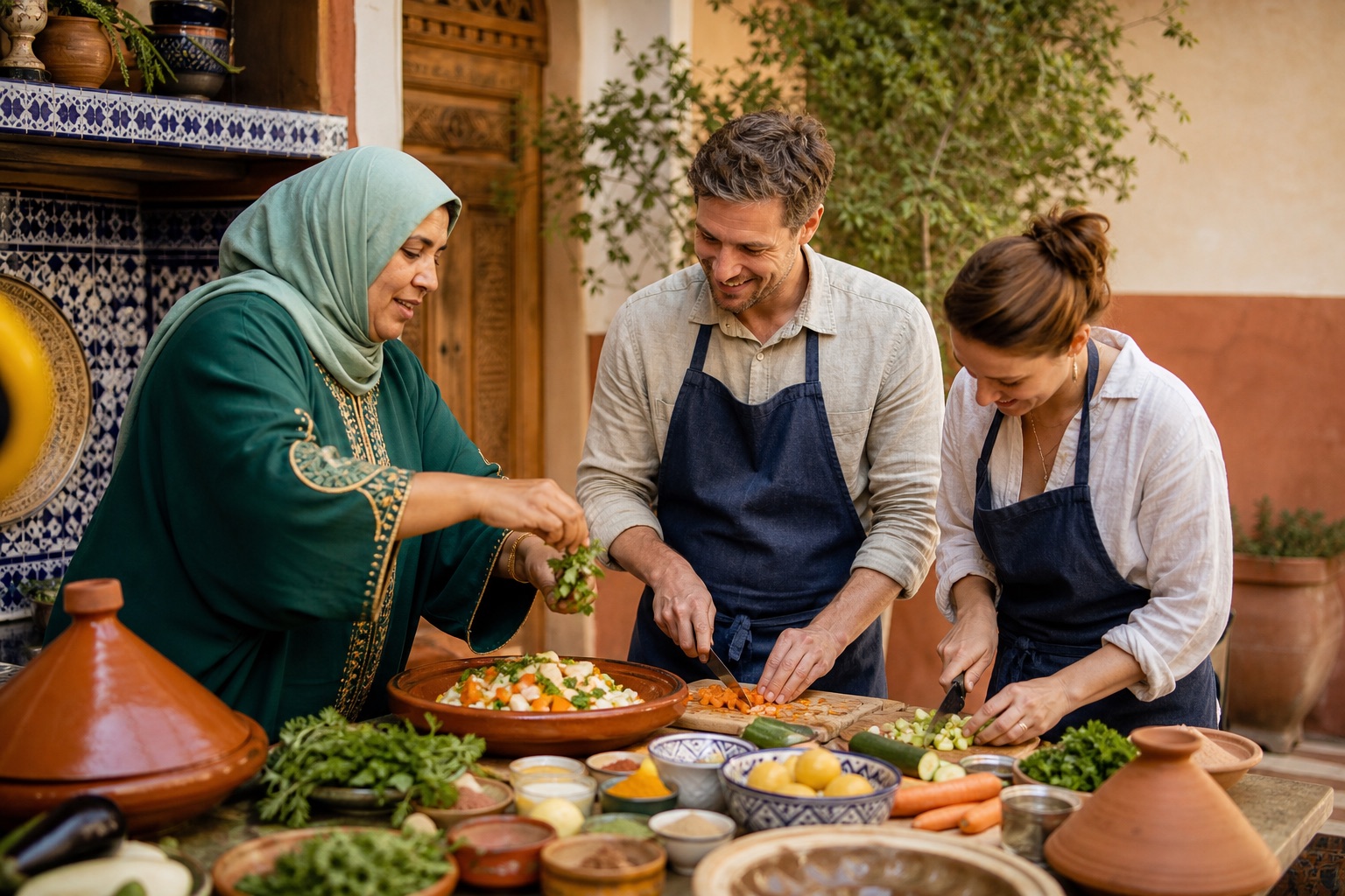 A Moroccan cook teaching visitors to prepare a tagine in Marrakech