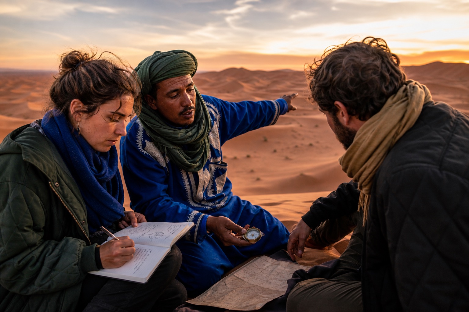 A Moroccan desert guide teaching basic navigation near Merzouga