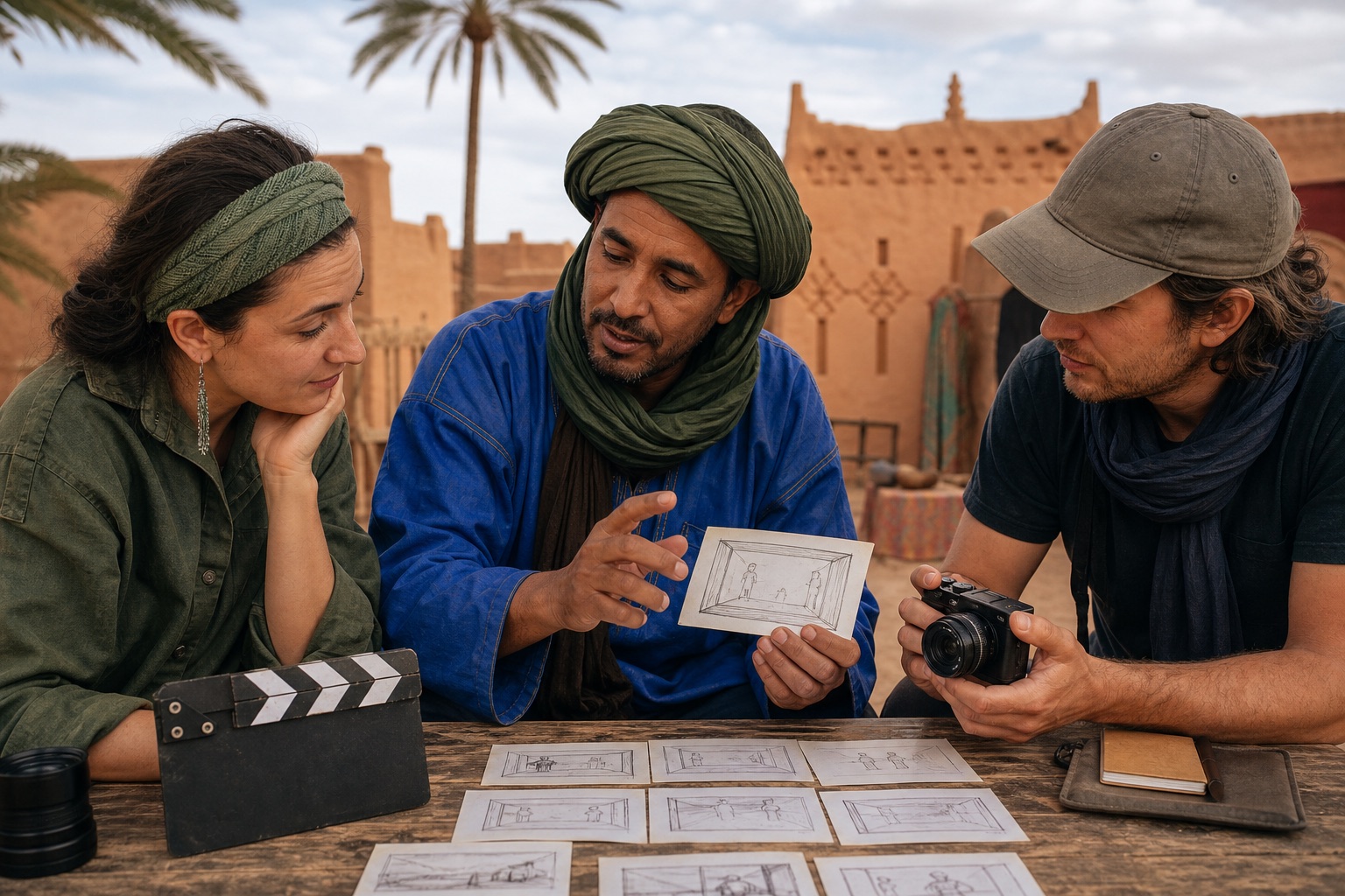 A Moroccan film specialist teaching storyboarding and camera framing in Ouarzazate