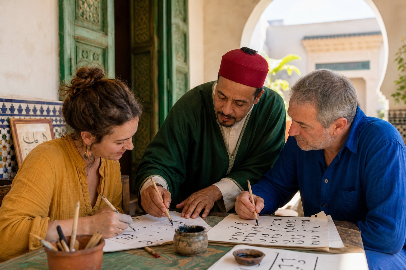 A Moroccan calligrapher teaching reed-pen technique in Rabat