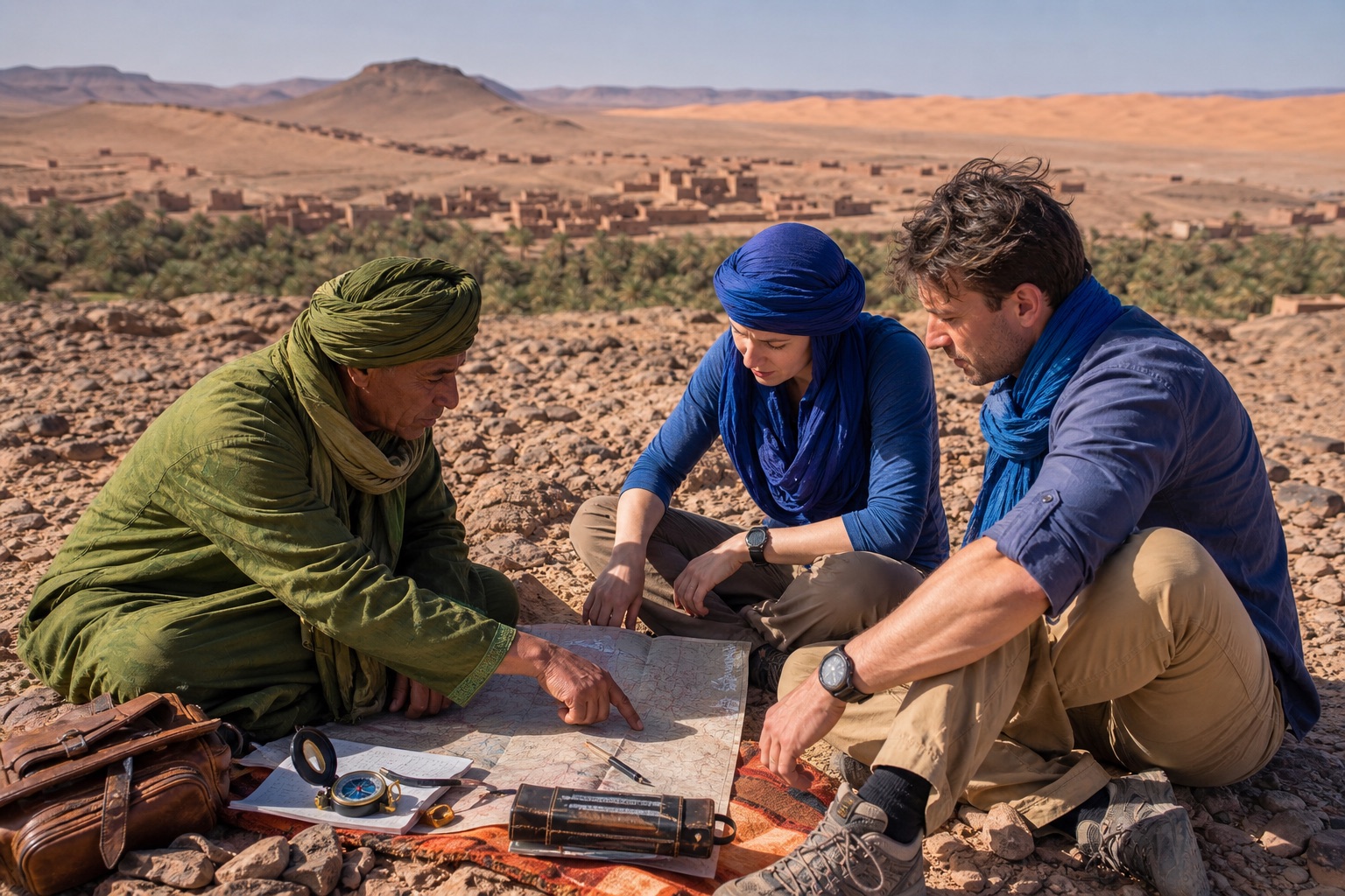 A Moroccan desert guide teaching route and water planning in the Sahara