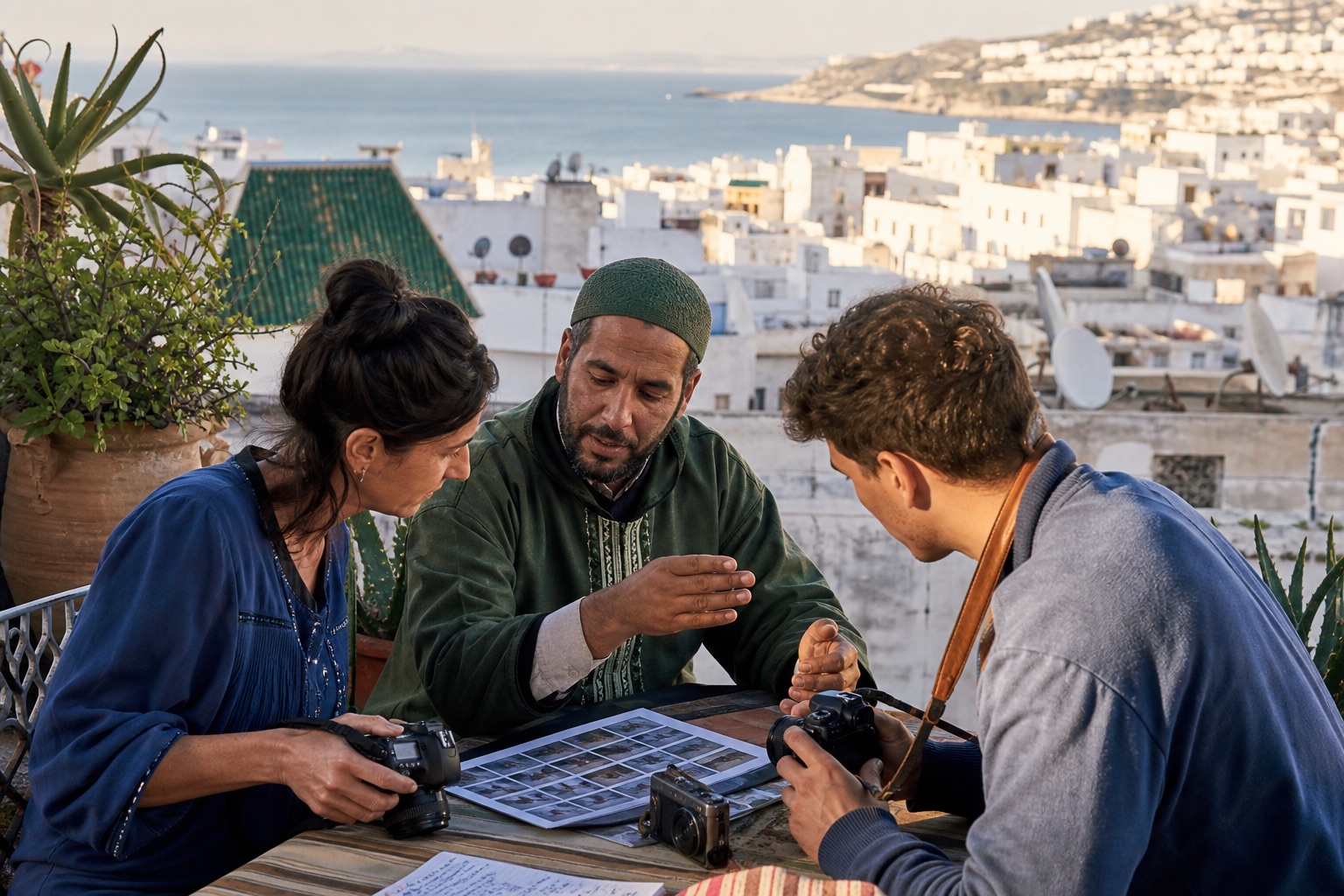A Moroccan photography teacher reviewing framing and light with visitors in Tangier