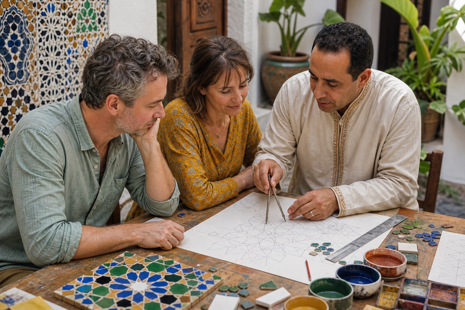 A Moroccan teacher guiding visitors through geometric pattern construction in Tetouan